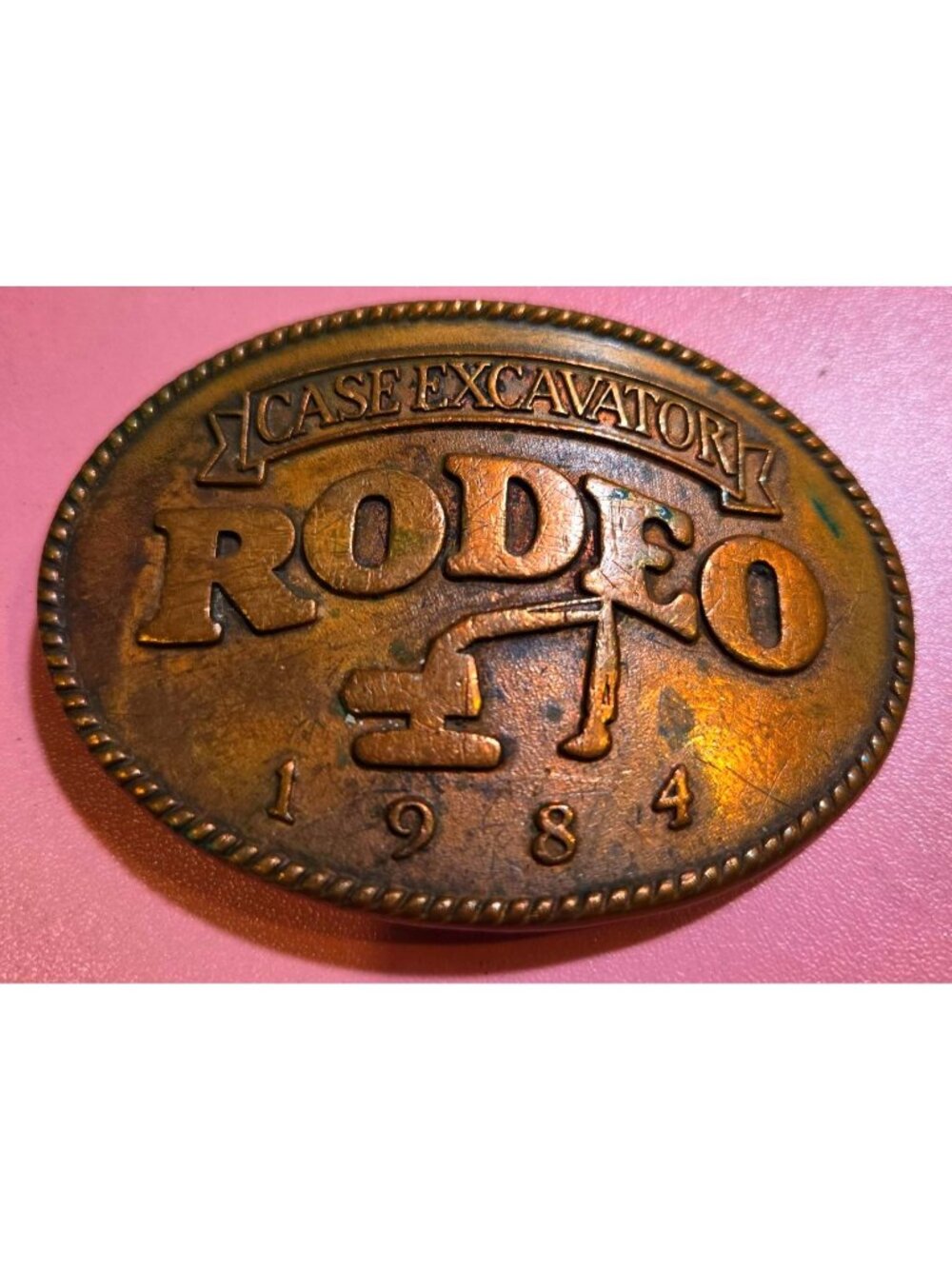 Vintage 1984 Case Excavator Rodeo Solid Brass Belt Buckle With Embossed Design &